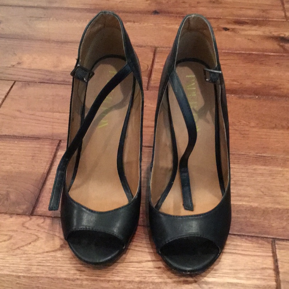 Sparkly black peep toe wedges
